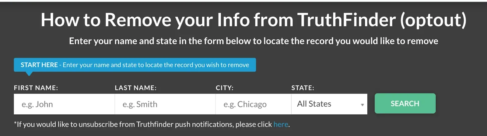 TruthFinder opt-out search form with first name, last name, city and state fields