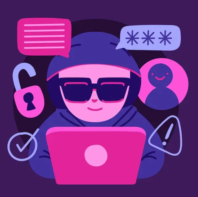 Masked hacker at a computer with skull, open folder, broken lock, and shield icons