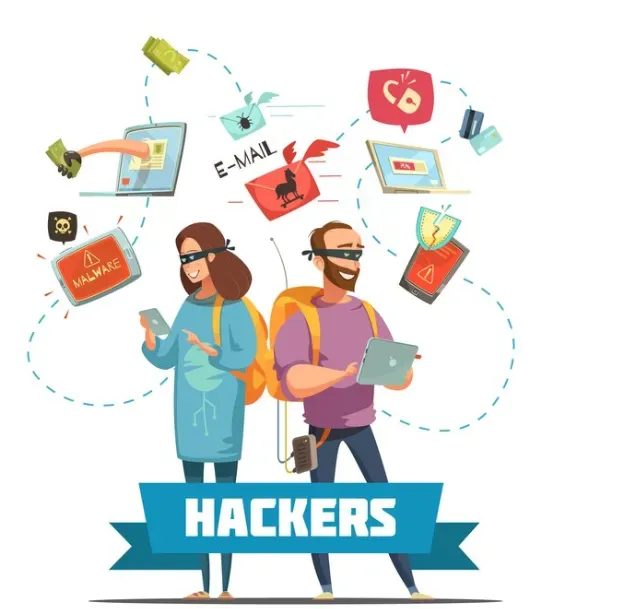 Hooded hacker in sunglasses at a laptop, surrounded by password, unlocked padlock, and warning icons
