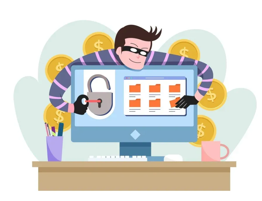Masked thief reaching through a monitor to pick a padlock and grab files, surrounded by dollar coins