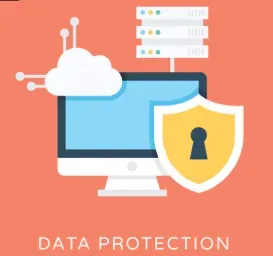 Data Protection illustration with a shielded lock, computer monitor, cloud and server