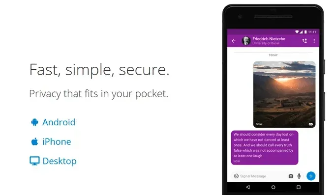 Signal messenger promo 'Fast, simple, secure' beside a phone showing an encrypted chat