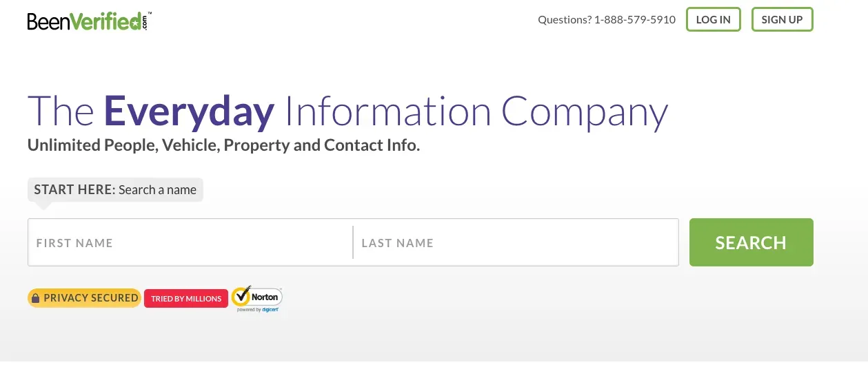 BeenVerified homepage with first and last name search fields and a green Search button