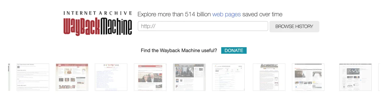 Internet Archive Wayback Machine with a URL search box over 514 billion saved web pages