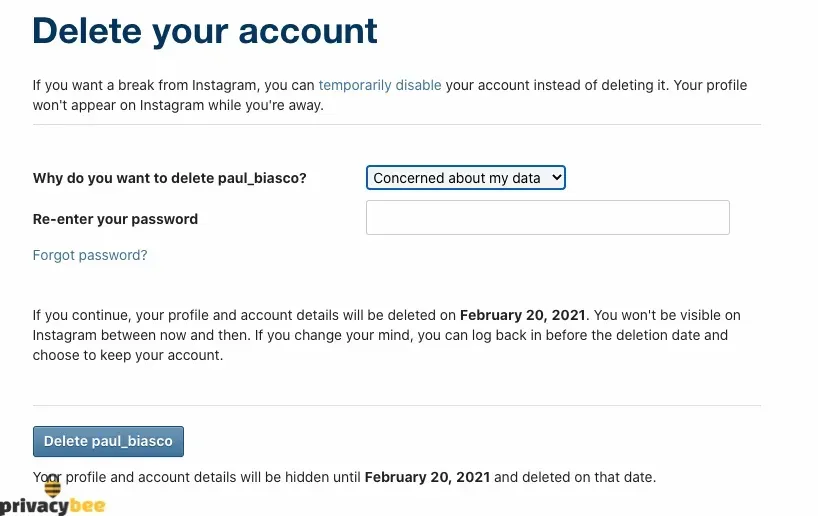 Instagram Delete your account page with a reason dropdown and password field