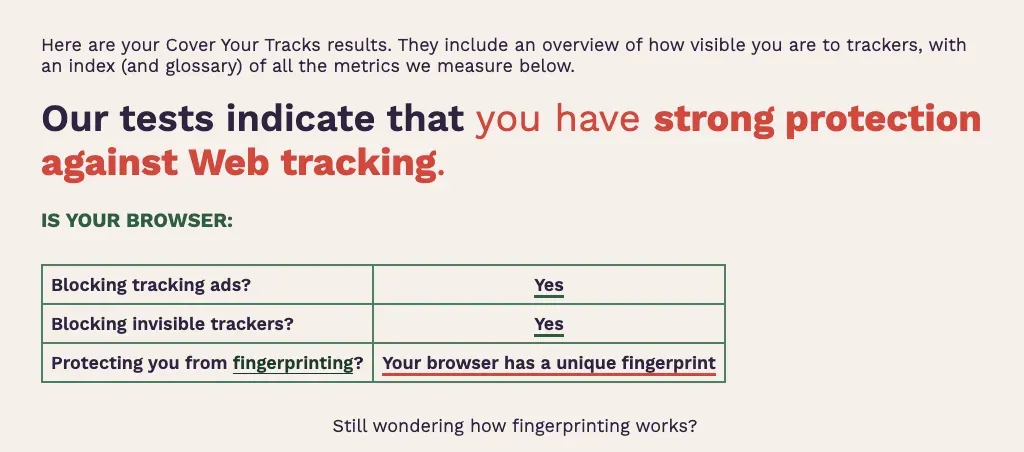 Cover Your Tracks results showing strong tracking protection but a unique browser fingerprint