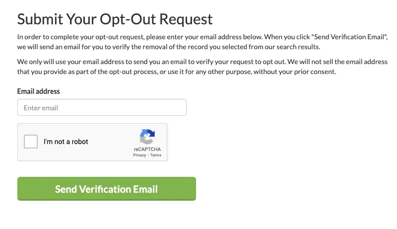 BeenVerified opt-out request form with an email field, reCAPTCHA, and Send Verification Email button