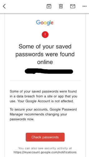 Google alert reading 'Some of your saved passwords were found online' with a Check passwords button