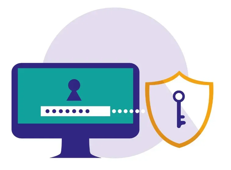 Computer screen showing a masked password field beside a shield with a key icon