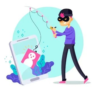 Masked thief using a fishing rod to phish a photo and personal data from a smartphone screen