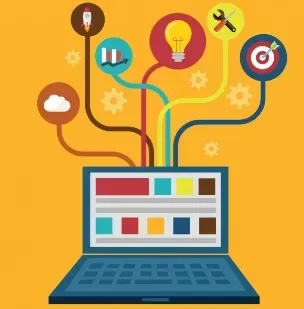 Open laptop with idea, tool, cloud, and target icons streaming out on colorful curved lines