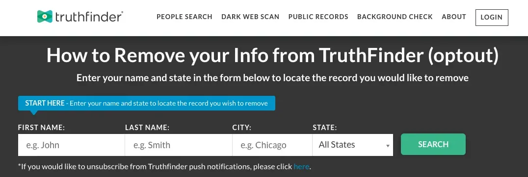 TruthFinder opt-out page with name, city, and state search fields to remove your record