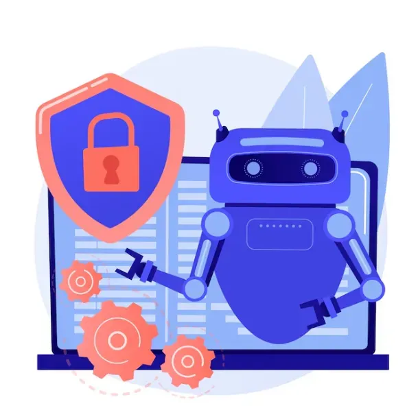 Blue AI robot beside a padlock shield and laptop, illustrating AI-driven data protection