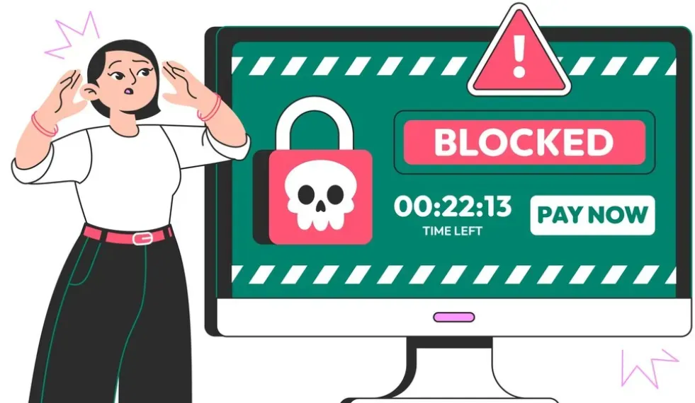 Worried woman beside a monitor showing a ransomware lock screen: BLOCKED, countdown timer, and Pay Now