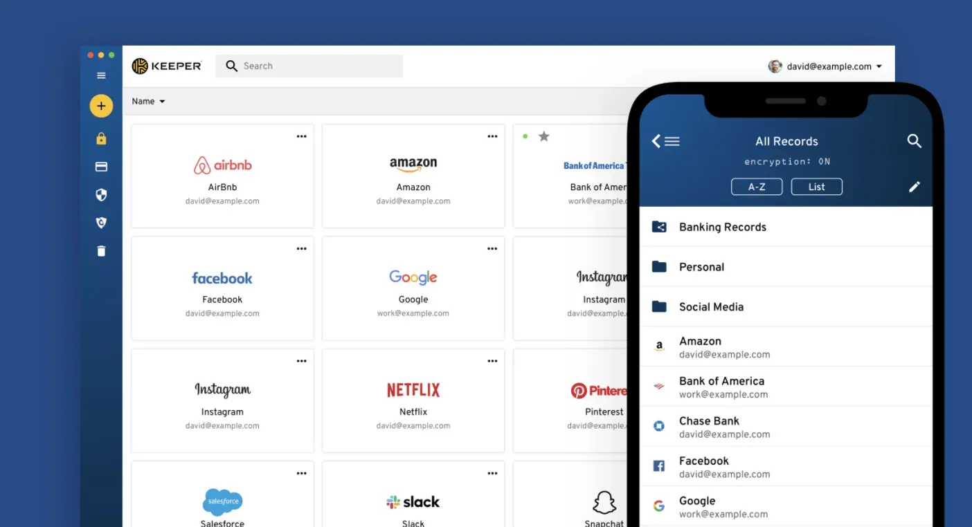 Keeper password manager vault on desktop and mobile listing saved login records for many apps