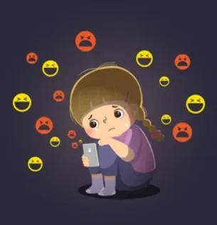 Sad girl clutching a phone, surrounded by angry and mocking emoji faces symbolizing cyberbullying