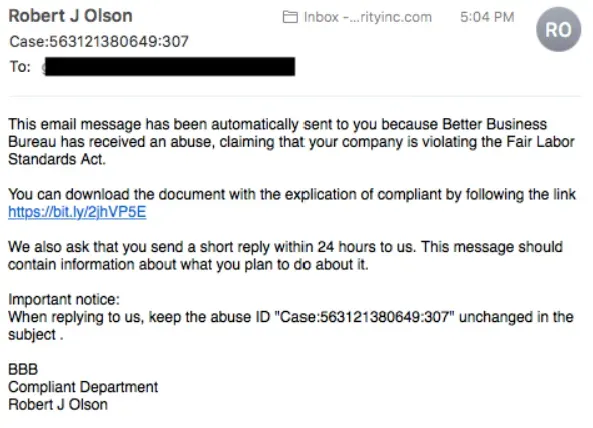 Phishing email impersonating the Better Business Bureau with a suspicious bit.ly link and grammar errors