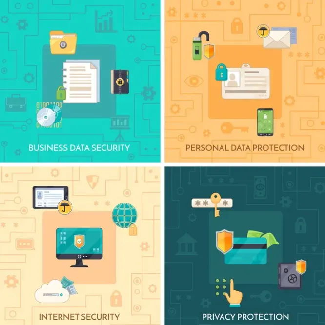 Four panels labeled Business Data Security, Personal Data Protection, Internet Security and Privacy Protection