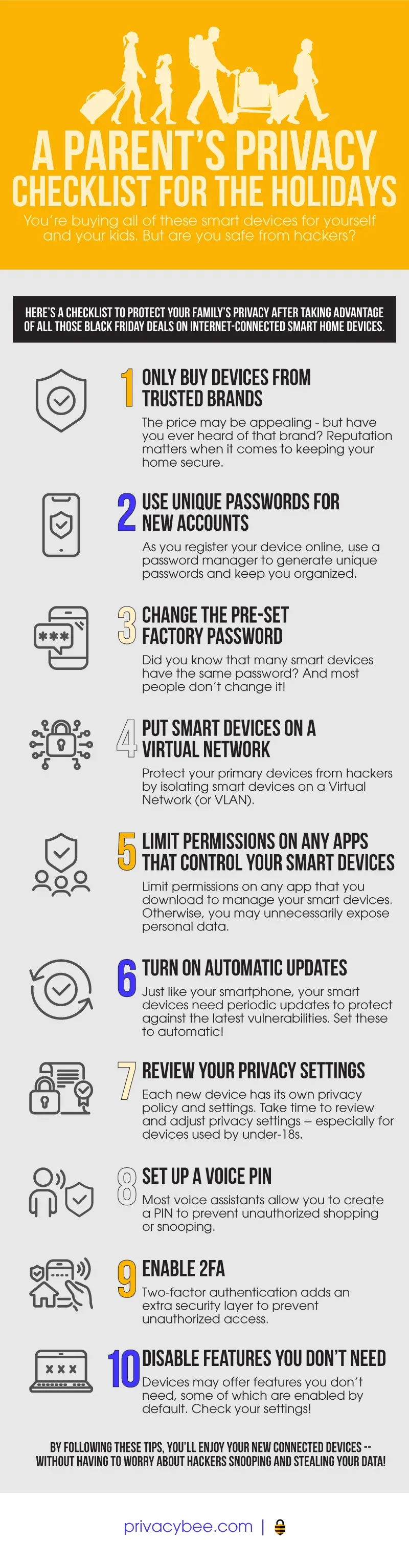 Parent's Privacy Checklist for the Holidays infographic with 10 tips to secure new smart home devices