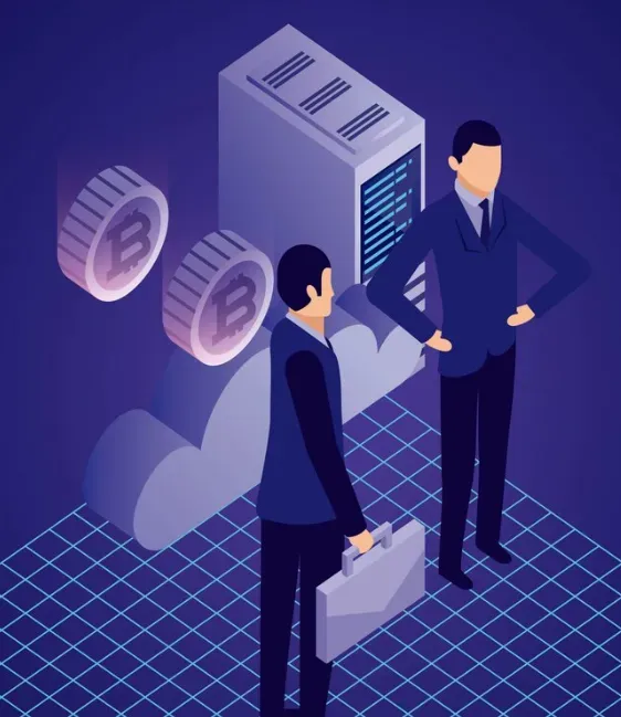 Two businessmen beside a server, bitcoin coins and cloud in isometric illustration