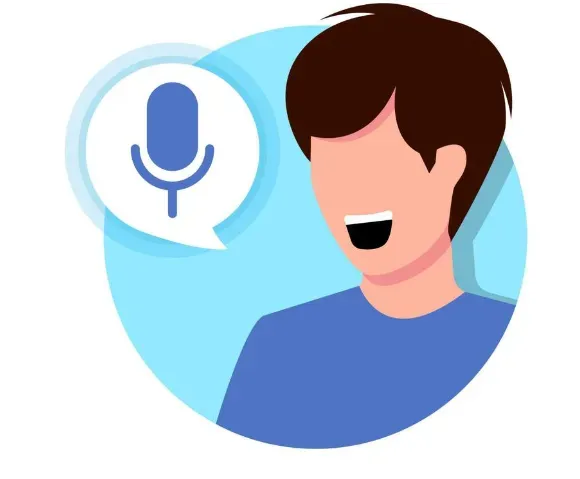 Man speaking next to a microphone icon in a speech bubble, suggesting a phone listening in