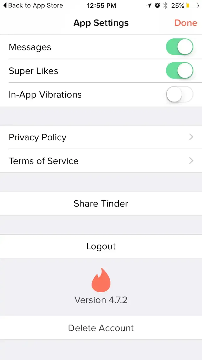 Tinder App Settings screen with feature toggles and a Delete Account option at the bottom