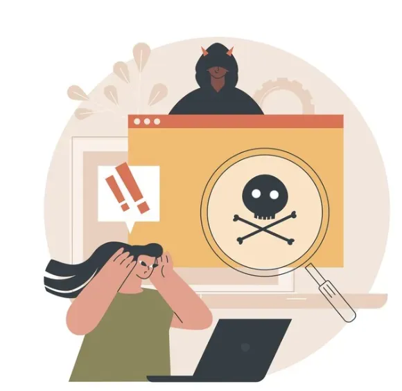 Stressed woman at a laptop as a hooded hacker and skull-marked browser window signal a data breach