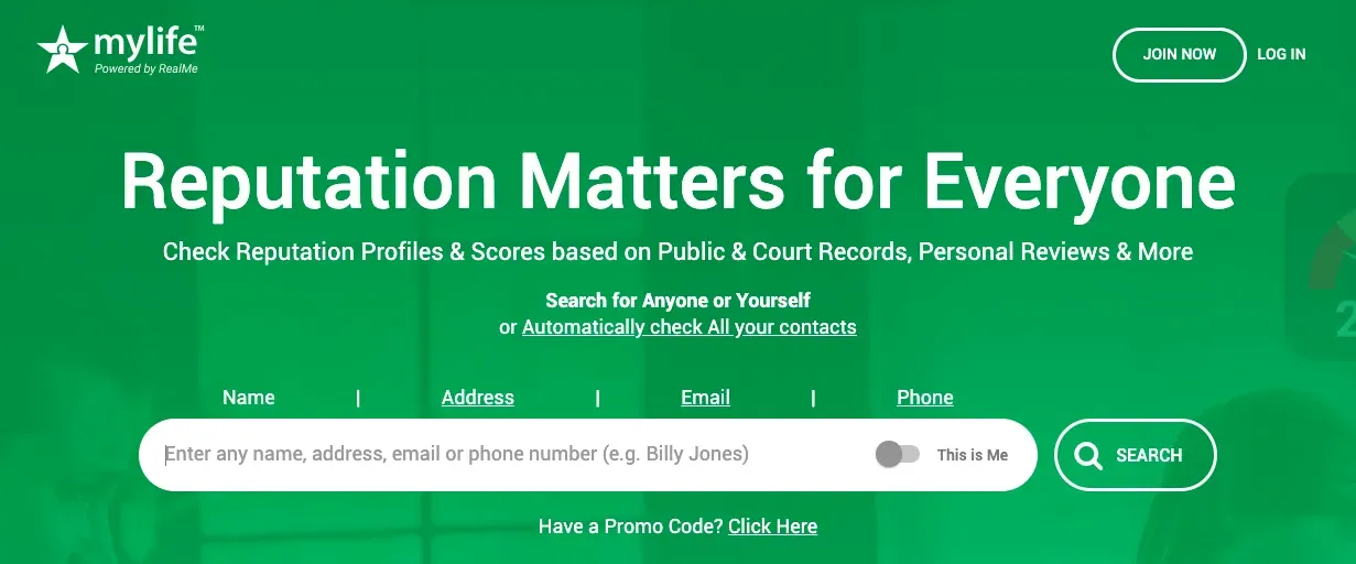 MyLife homepage reading 'Reputation Matters for Everyone' above a people-search bar