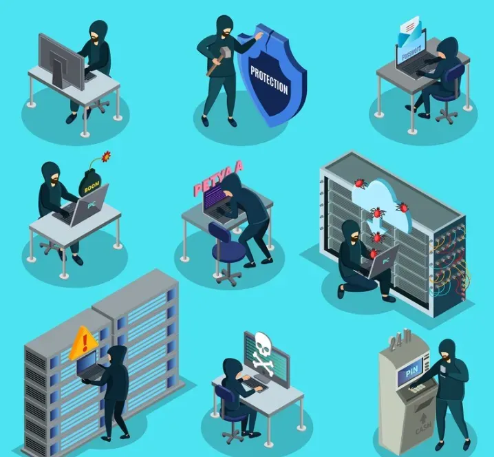 Isometric hooded hackers at laptops attacking servers, an ATM and password screens