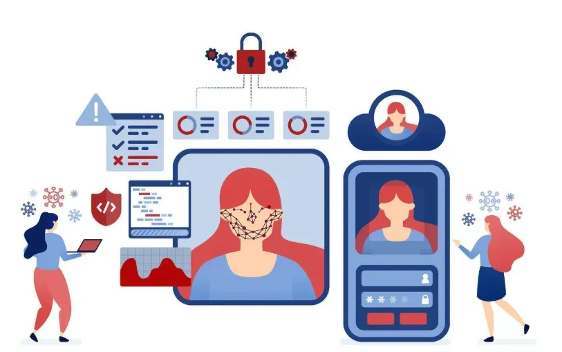Facial-recognition scan of a woman's face on a screen, with login fields, a padlock, and data icons