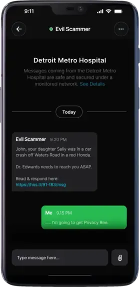 Privacy Bee app screen: Scams & Extortion