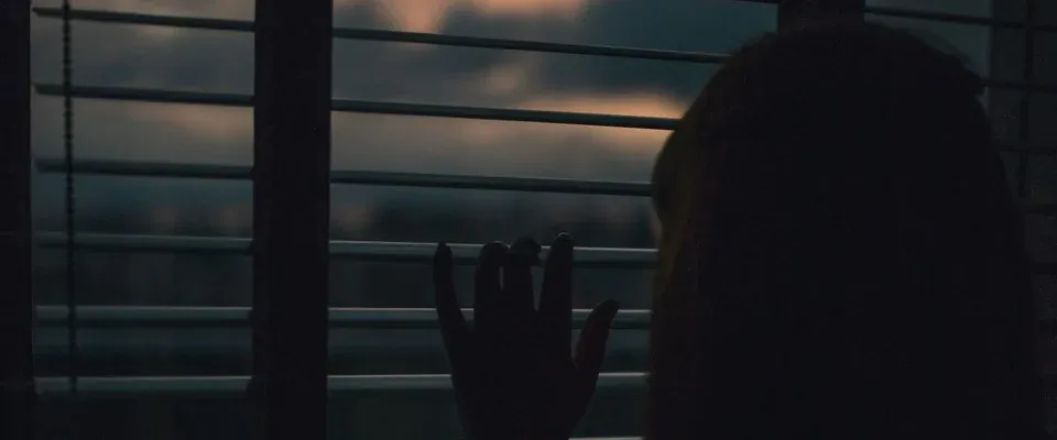 Silhouette of a person beside window blinds at dusk.